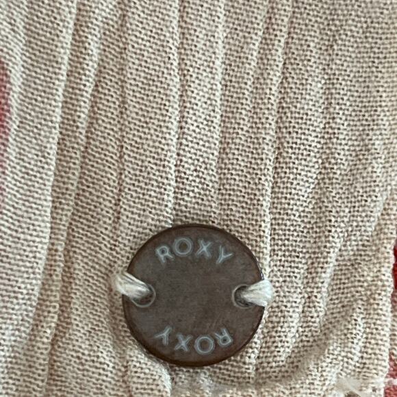 Roxy Floral Bell Sleeve Mini Dress M Boho Cream Red Open Back Beach Cover Up - Picture 6 of 9